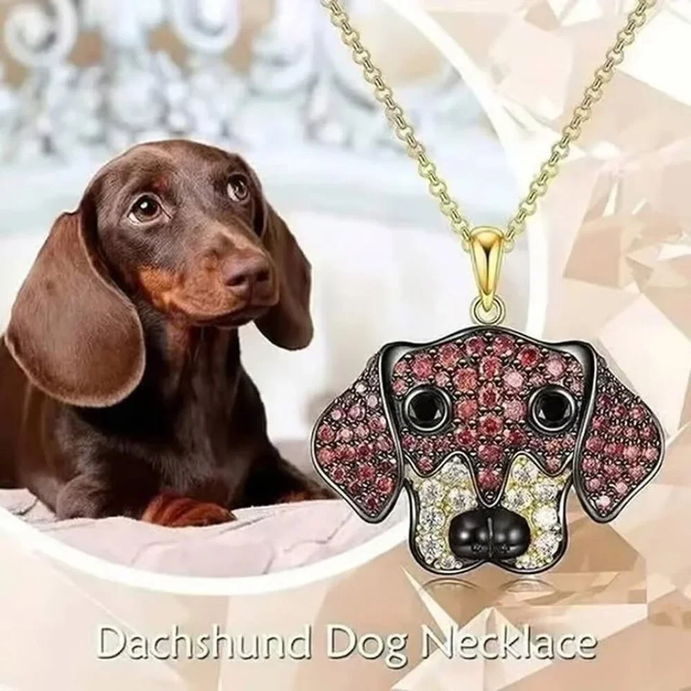 Gold Rhinestone DACHSHUND Dog Pendant Necklace